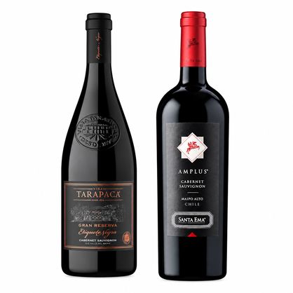 DUO AMPLUS TARAPACÁ (CABERNET SAUVIGNON): 1x Vino Santa Ema Amplus Cabernet Sauvignon 750cc + 1x Vino Tarapacá Etiqueta Negra Cabernet Sauvignon 750cc