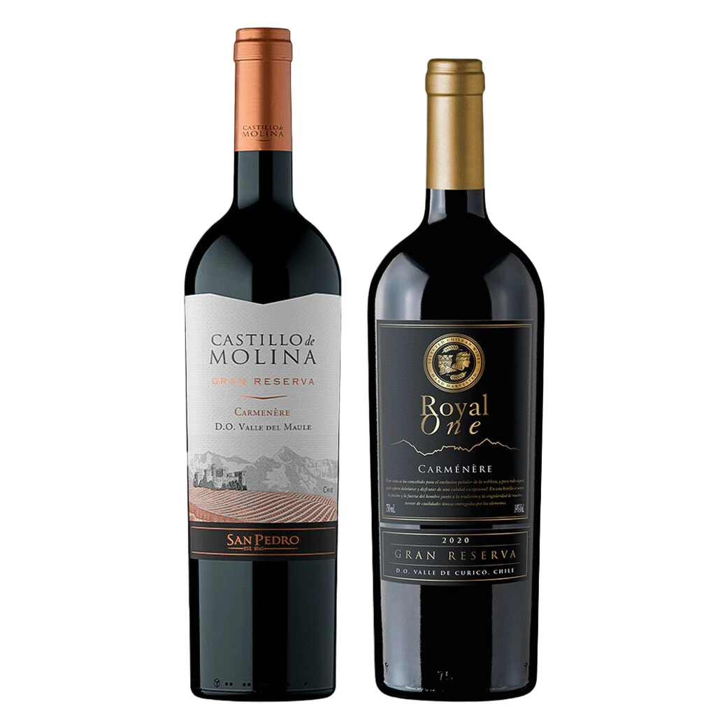 DUO CARMENERE (Gran Reserva) N°2: 1x Vino Castillo de Molina Gran Reserva Carmenere 750cc + 1x Vino Royal One Gran Reserva Carmenere 750cc